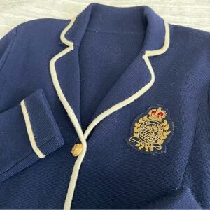 Lauren Ralph Lauren Merino Wool Navy Blue Crest Coat Of Arms Cardigan Sweater S